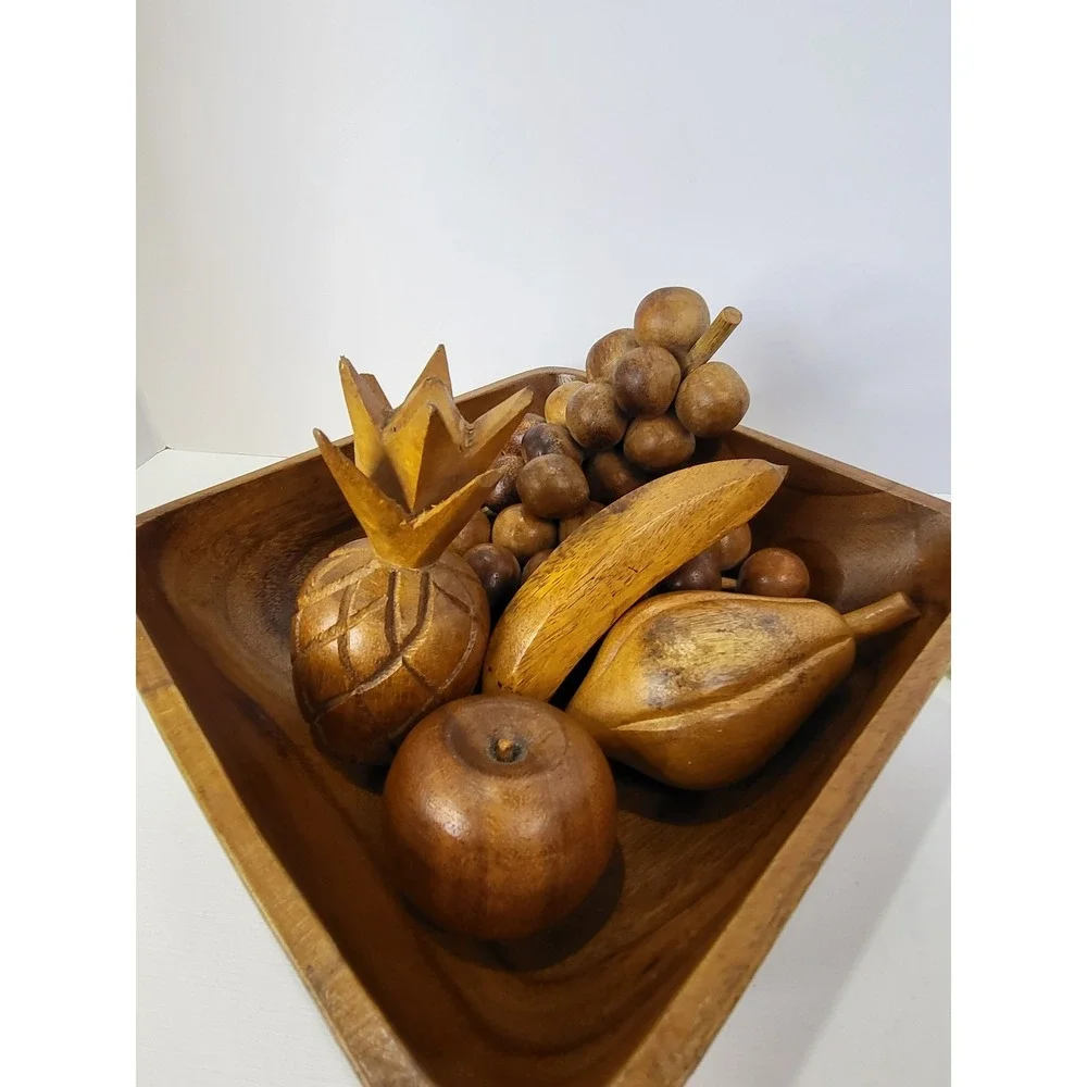 Vintage Mid Century Modern Monkey Pod Wooden Fruit Bowl Set 6 Piece Hand Carved